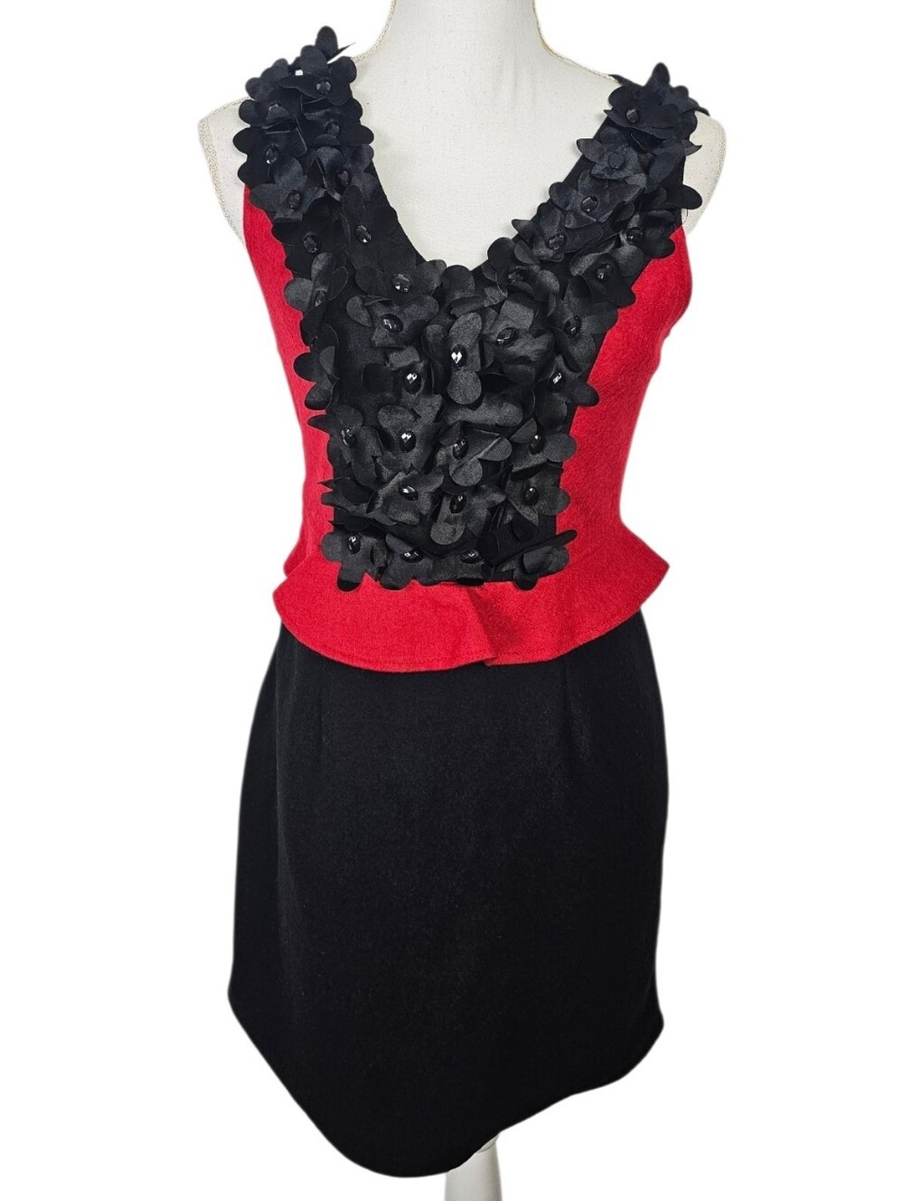 S'MaxMara Designer Cocktail Dress Floral Applique Peplum Red Black Small